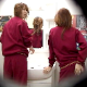 A Japanese video featuring several women wearing red sweatsuits shitting or pissing into a floor toilet and filmed from multiple angles. About 19 minutes. High quality, 281MB, MP4 file requires high-speed Internet.